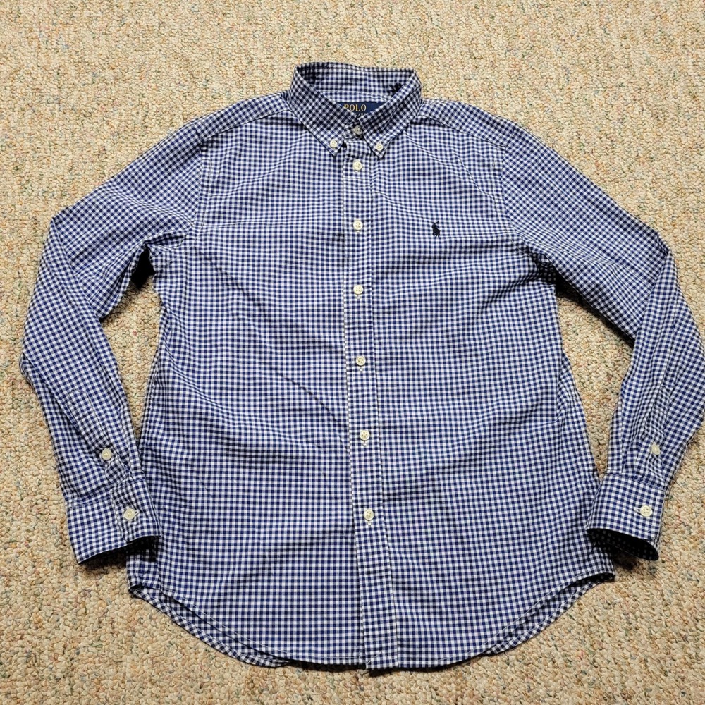 Polo Ralph Lauren Gingham Shirt Boys Large 14-16 Blue White Button Down Prep